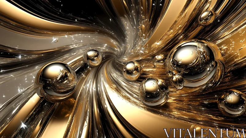 Metallic vortex with reflective golden spheres in motion.
