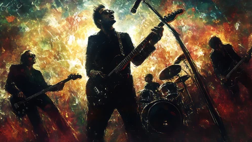 Rock band silhouette onstage amid vivid abstract lights.