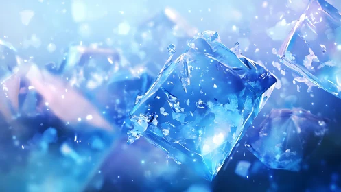 Glowing blue ice shards drift through a luminous frozen sky.