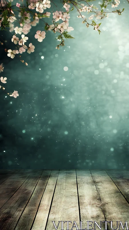Wooden floor extends toward teal bokeh backdrop and blossoms