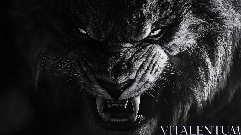 Snarling black panther close-up in dramatic monochrome profile.