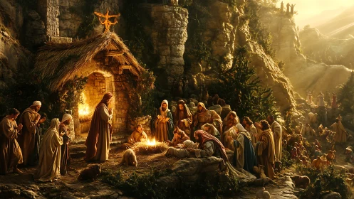 Nativity scene in golden canyon light with gathered worshipers.