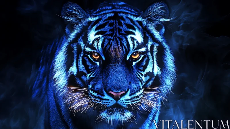 Blue-lit tiger portrait with high contrast stripes and smoke.