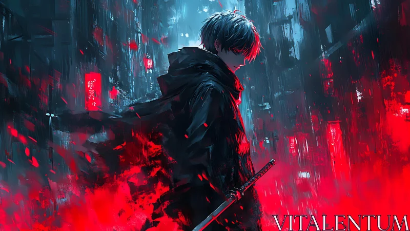 Hooded swordsman stands in neon alley amid red digital haze
