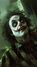 Wild-eyed ghostly trickster grinning through the gloom.