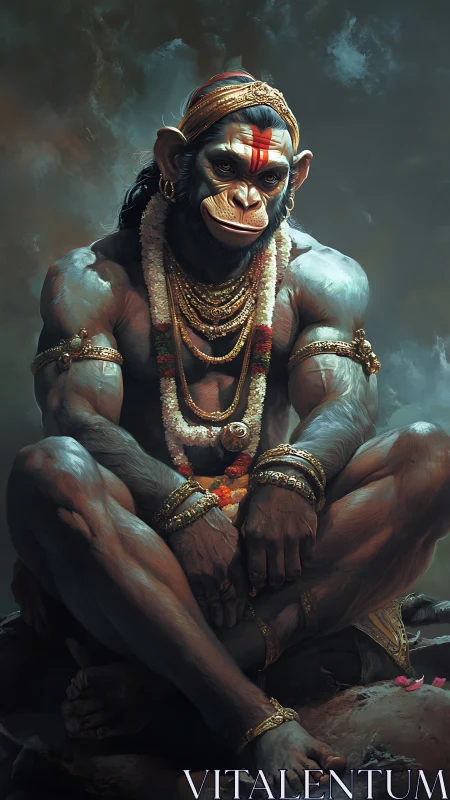 Mythic simian warrior deity in ornate jewelry, seated calmly