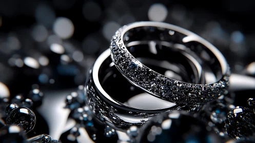Diamond-studded wedding rings shine amid dark reflections.
