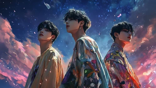 Three stylized figures stand under a vivid twilight sky