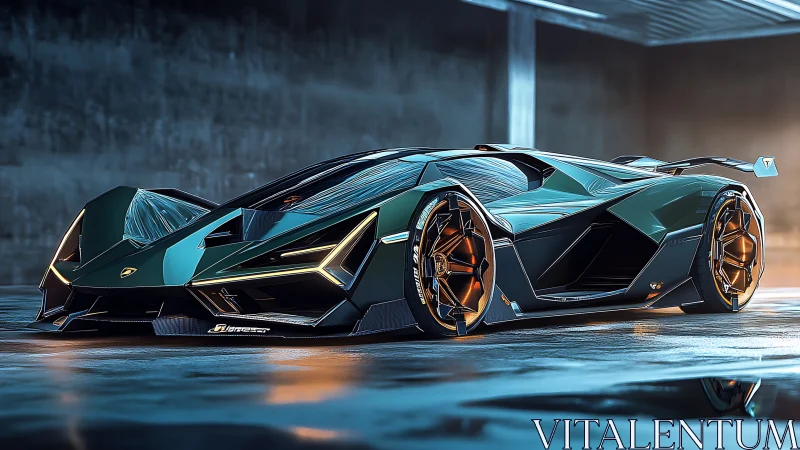 Midnight hypercar prowls a neon-lit concrete throne room