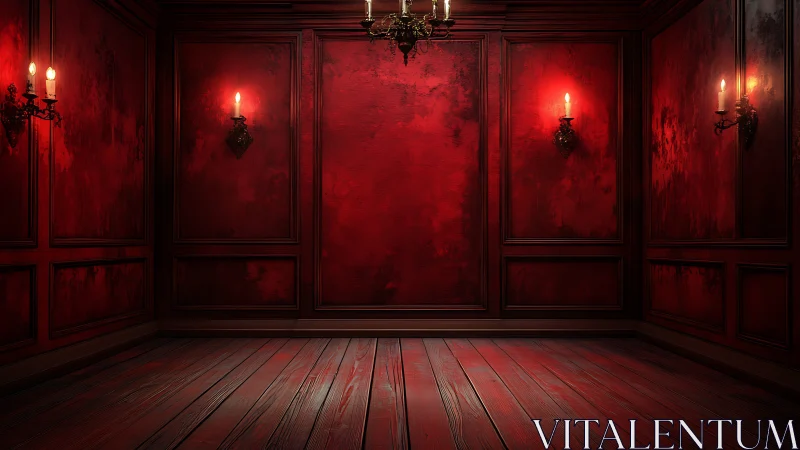 Candlelit crimson paneled room with rustic hardwood floor ambiance