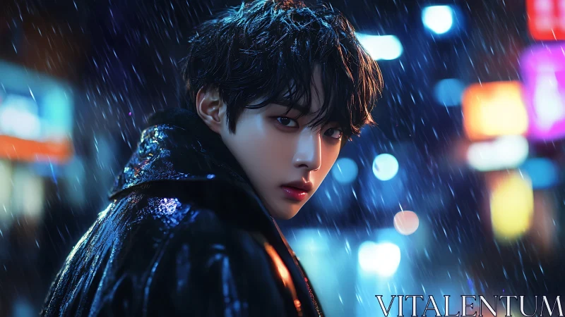 Young person in rain on urban night street, neon backdrop.