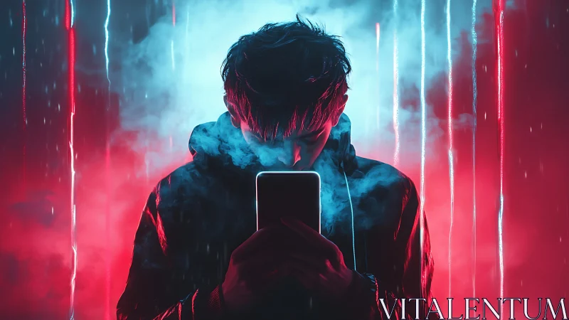 Backlit hooded figure studies smartphone amid neon vapor columns