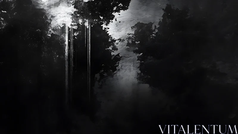 Monochrome vertical streaks puncture dense abstract ink clouds