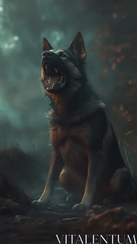 Low-key lit snarling dog rendered with cinematic depth of field