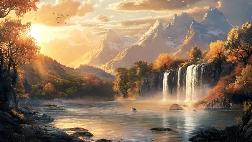 Autumnal mountain valley with tiered waterfalls under volumetric sunset light