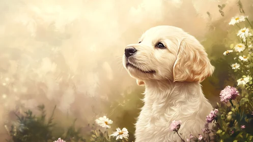Sunlit puppy listens to the quiet secrets of wildflowers