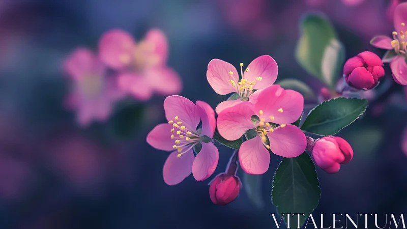 Pink flowering crabapple blossoms with yellow stamens in soft focus