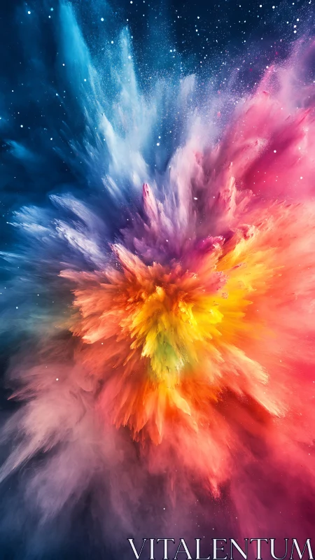 Multicolor particulate cloud expands against dark background