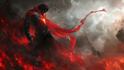 Armored fire-wreathed warrior dissolves into volcanic embers