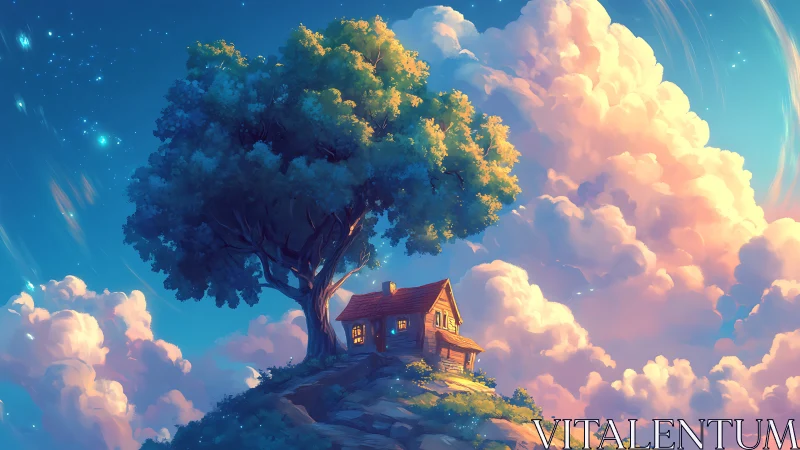 Small hilltop cabin under large glowing tree at dusk.