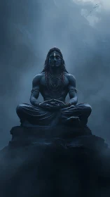 Meditating blue deity on misty mountain peak at twilight.