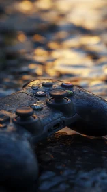 Gaming Controller on Weathered Stone Surface with Golden Hour Ambient Lighting