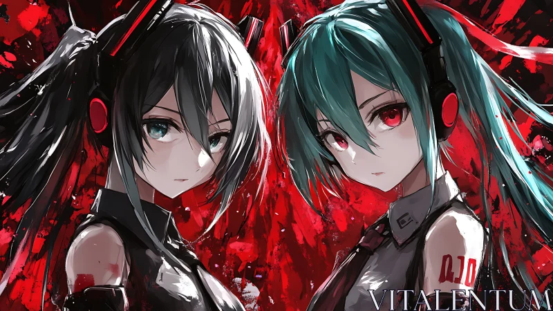 Twin cyber divas standing strong in a storm of red paint.