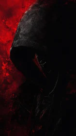 Hooded wraith in shadowed profile amid violent crimson haze.