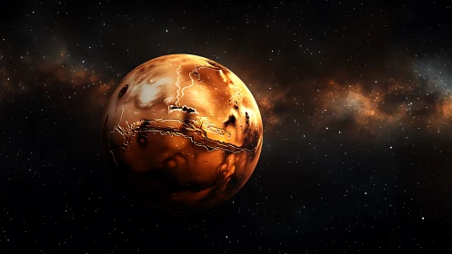 Detailed orange planet orbits silently within dense starfield