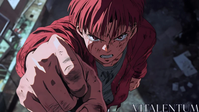 Defiant anime fighter throws a powerful punch upward.