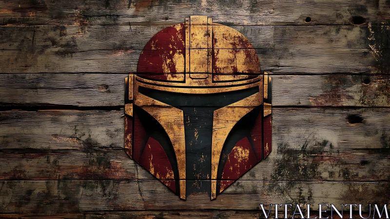Weathered Mandalorian helmet emblem on distressed timber panel.
