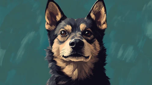 Stoic shepherd dog portrait against teal painted hush.