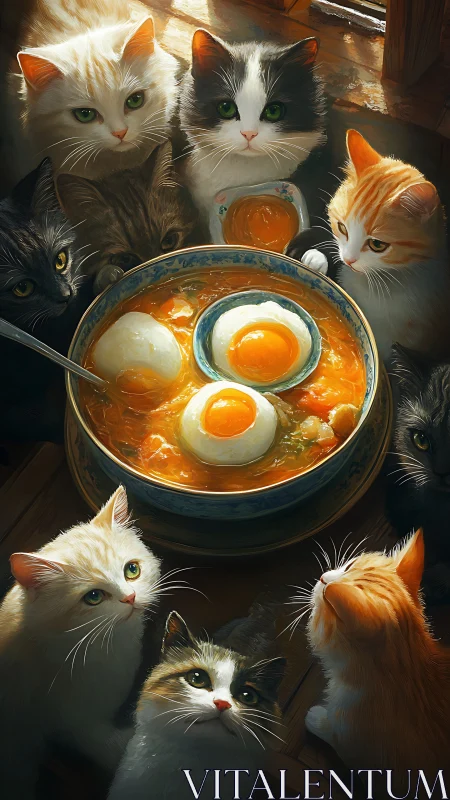 Multiple Cats Surrounding Bowl of Soup with Floating Eggs