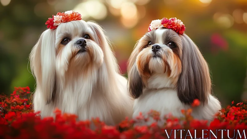 Photorealistic portrait of floral-crowned Shih Tzu pair in garden.
