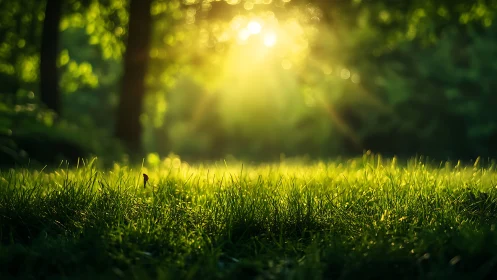 Morning sunlight streaming through forest trees, dreamy nature scene.