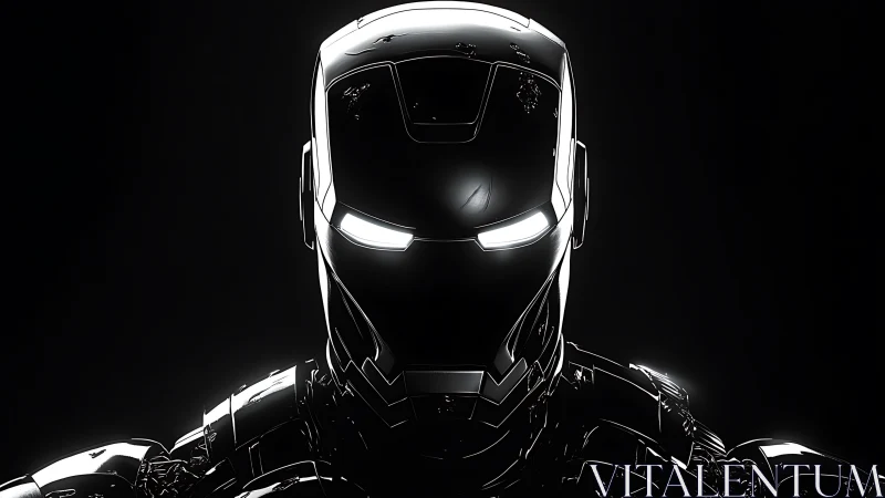 Chrome-clad mech warrior glows against void-black silence.