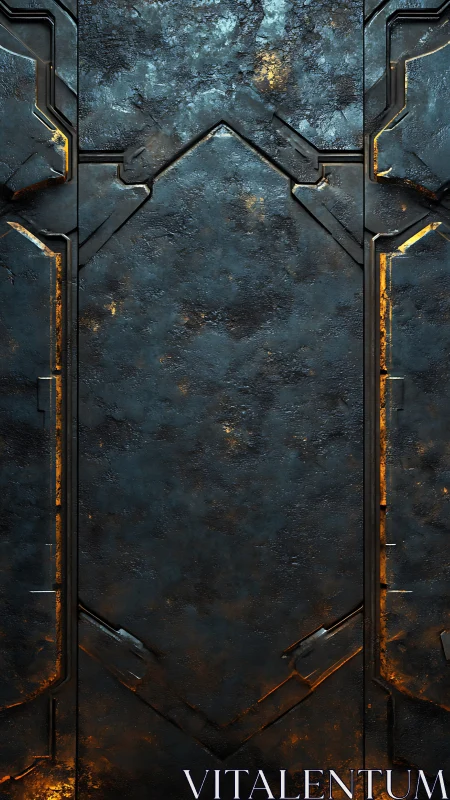 Rust-lit sci fi door with worn metal panels and glow.