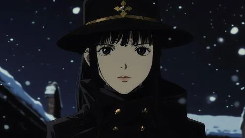 Snowfall night portrait of stoic woman in dark military coat