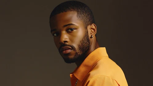 Portrait profile of man in orange shirt against brown backdrop.