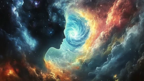 Nebula thoughts carve a cosmic doorway through swirling light