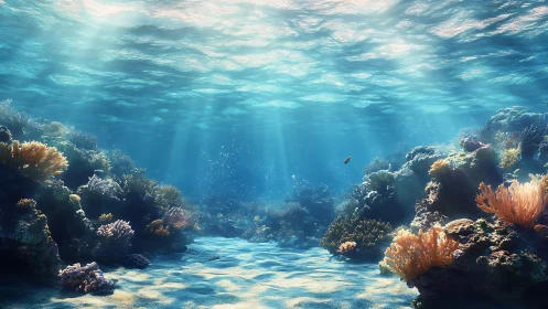 Subsurface coral reef scene shows filtered daylight over seabed