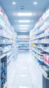 Photoreal pharmacy aisle under clinical overhead lighting.
