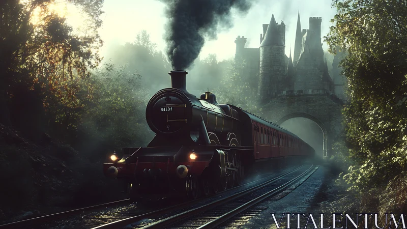 Steam locomotive crossing misty forest approach to castle