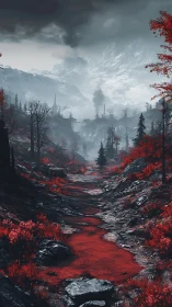 Crimson riverbed bisects dystopian valley under glacial peaks