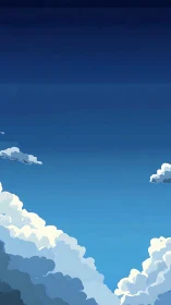 Layered blue sky with stylized cumulus cloud formations.