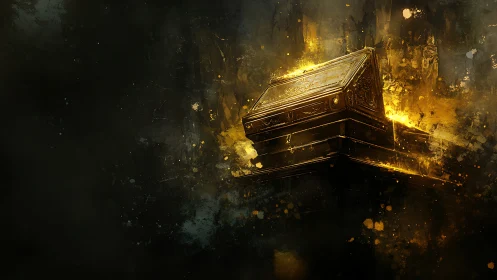 Gilded arcane reliquary floating in molten golden light.