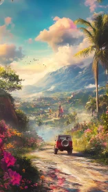 Digital painting of tropical valley road with distant village.