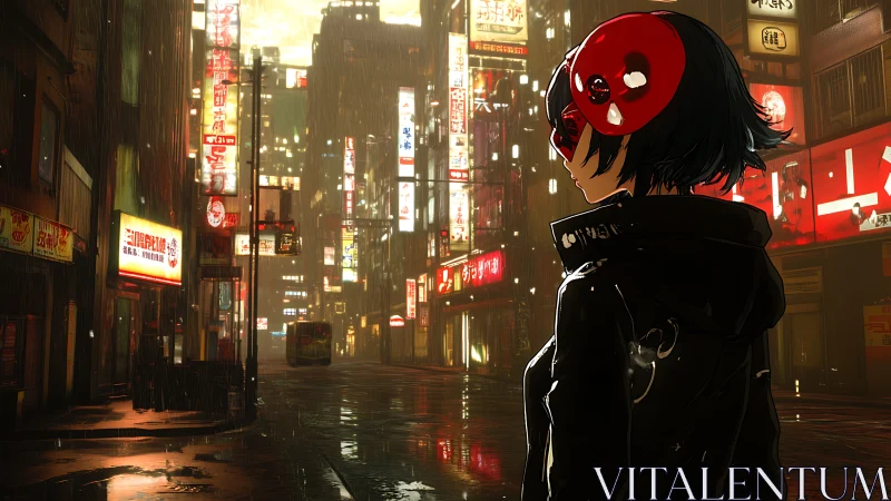 Masked figure in rain-soaked neon-lit urban street at night.