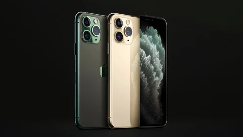 Three iPhone 11 Pro models in midnight green, gold, and black.
