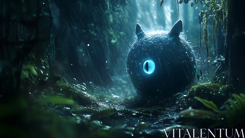 Glowing eyed forest creature watches through silver rain.